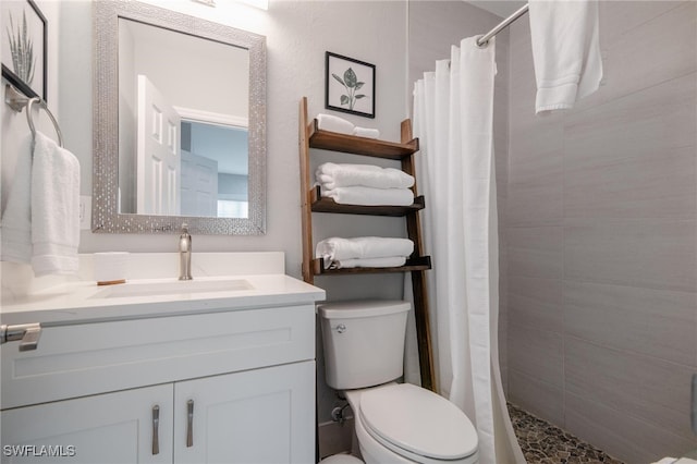 bathroom featuring vanity, toilet, and a shower with shower curtain