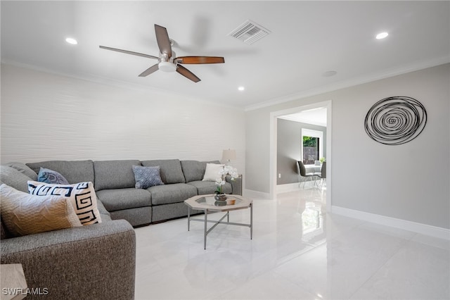 tiled living room with ceiling fan and ornamental molding