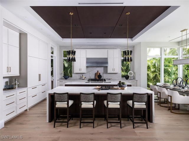 kitchen featuring pendant lighting, a spacious island, a tray ceiling, a breakfast bar area, and ventilation hood