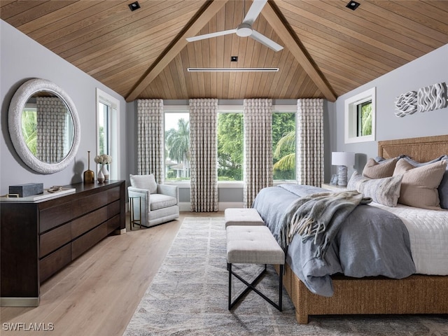 bedroom with ceiling fan, wood ceiling, light hardwood / wood-style flooring, and lofted ceiling with beams