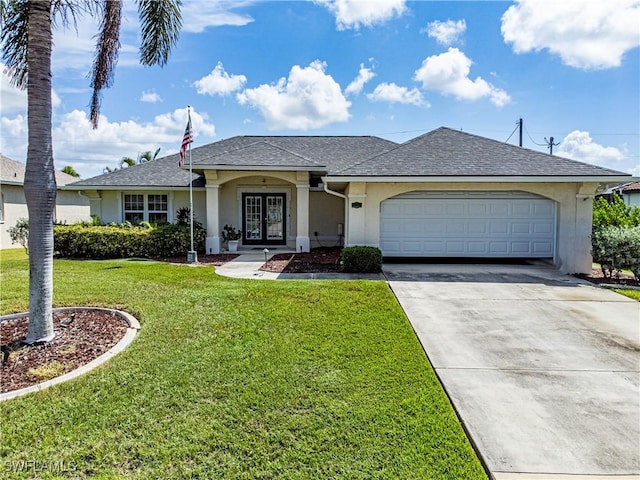 single story home with a garage and a front yard