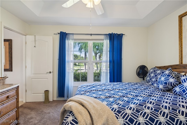 bedroom with ceiling fan, carpet, and a raised ceiling