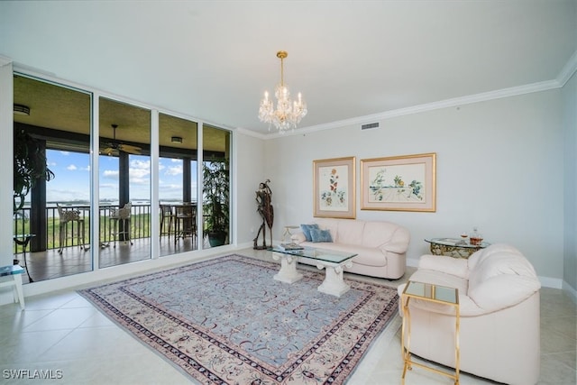 living room with light tile patterned floors, ceiling fan with notable chandelier, floor to ceiling windows, and ornamental molding