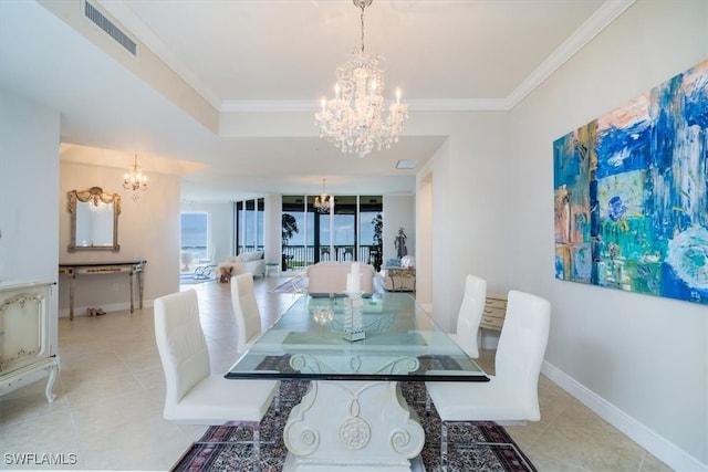 dining space with crown molding, light tile patterned flooring, and a chandelier