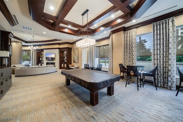 rec room with coffered ceiling, crown molding, billiards, beamed ceiling, and a notable chandelier