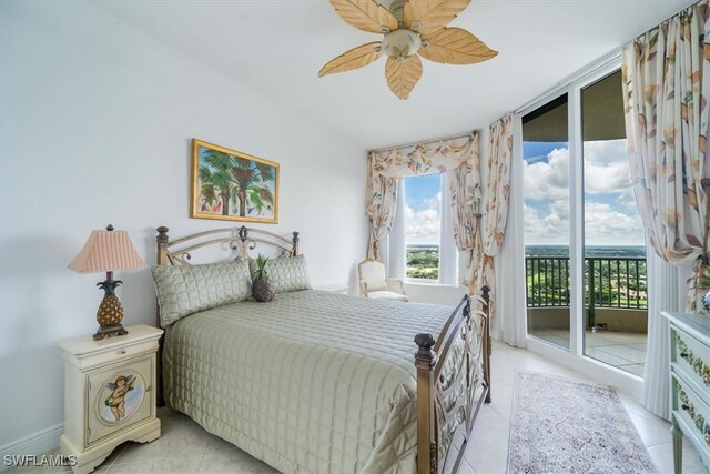 bedroom with access to exterior, ceiling fan, and light tile patterned flooring