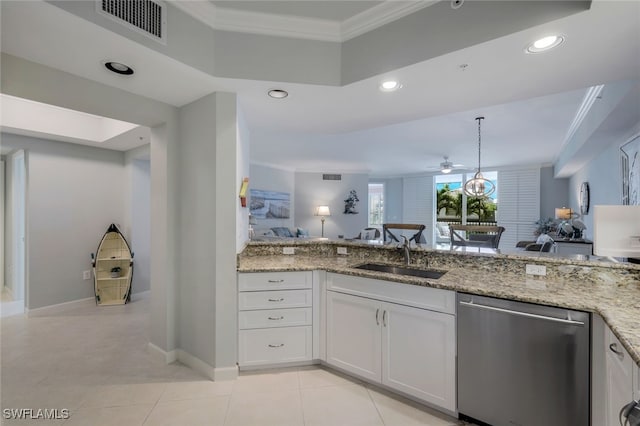 kitchen with white cabinets, dishwasher, crown molding, and sink