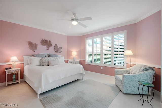 tiled bedroom with ceiling fan and ornamental molding