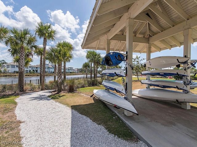 view of yard with a water view and a gazebo