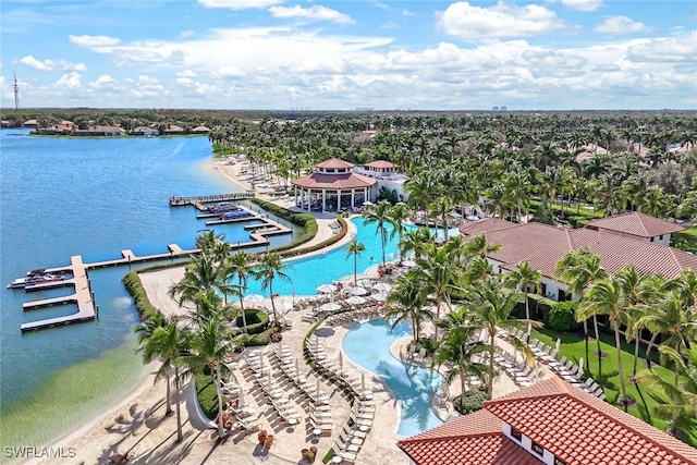 birds eye view of property featuring a water view