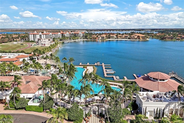 birds eye view of property featuring a water view