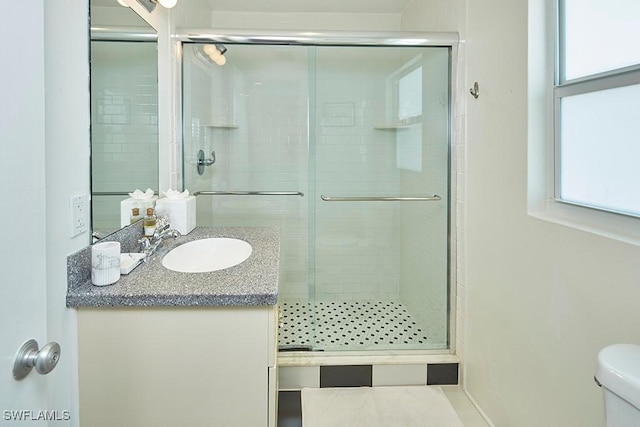 bathroom with vanity, toilet, and a shower stall