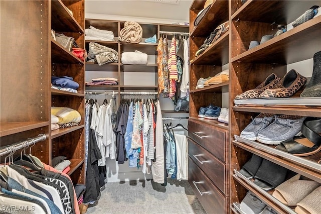 walk in closet with carpet