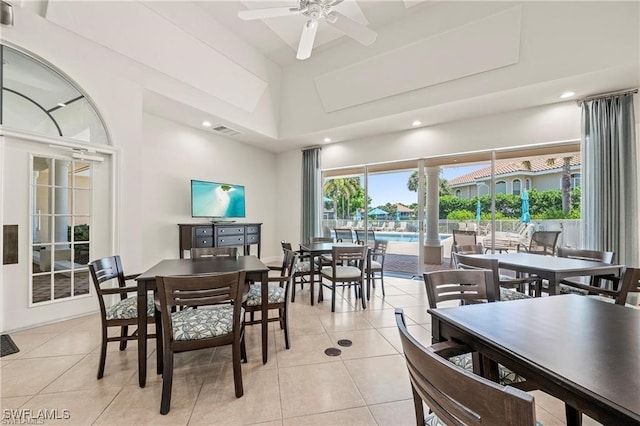 dining room with light tile patterned floors, recessed lighting, visible vents, and ceiling fan