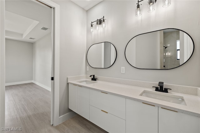 bathroom with wood-type flooring, vanity, and walk in shower