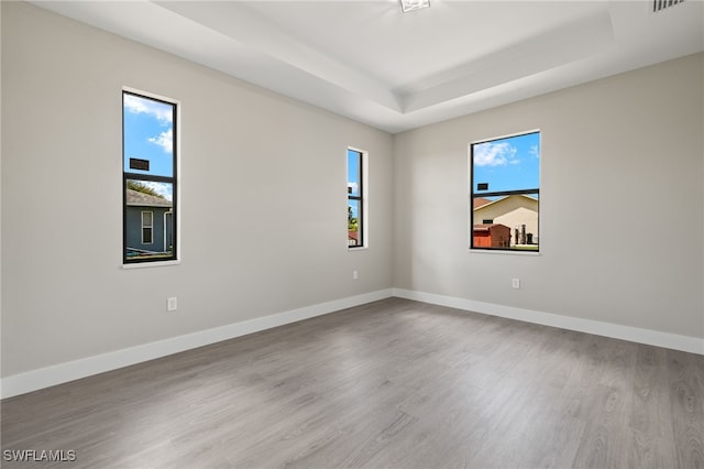 unfurnished room with light hardwood / wood-style floors and a raised ceiling