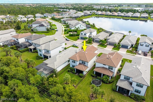 drone / aerial view featuring a water view