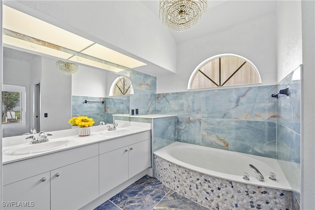 bathroom with independent shower and bath, vanity, and tile walls