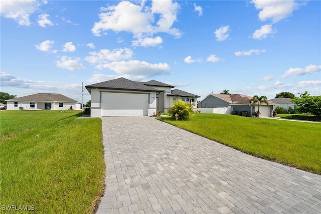 ranch-style house with a front yard and a garage