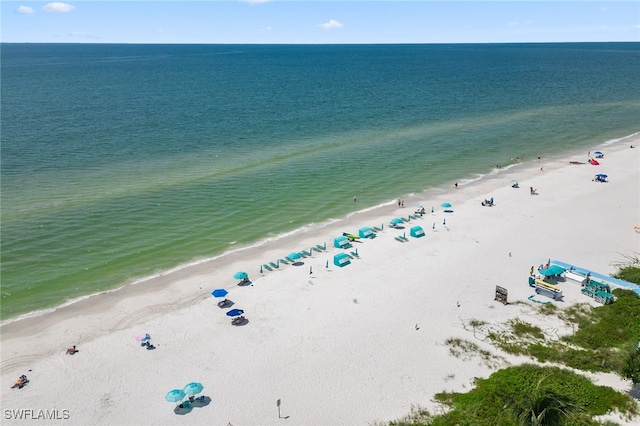 bird's eye view featuring a water view and a view of the beach