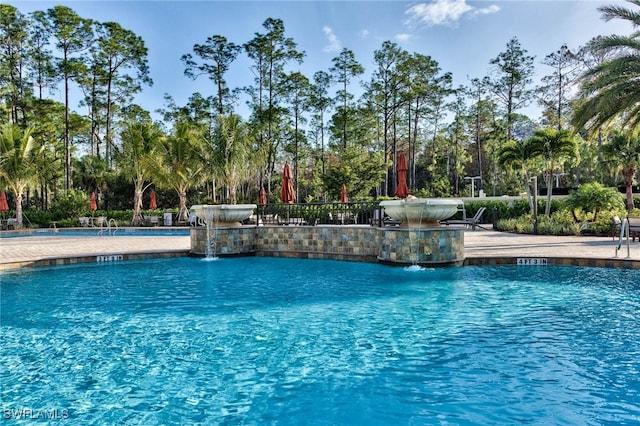 view of swimming pool featuring pool water feature