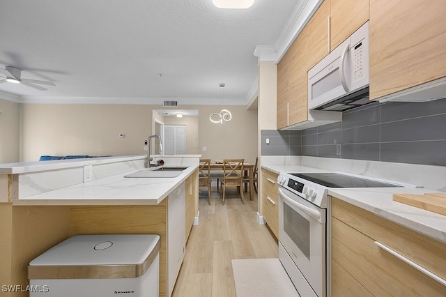 kitchen with ceiling fan, hanging light fixtures, sink, stainless steel electric range oven, and light hardwood / wood-style floors