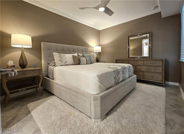 tiled bedroom featuring ceiling fan and ornamental molding