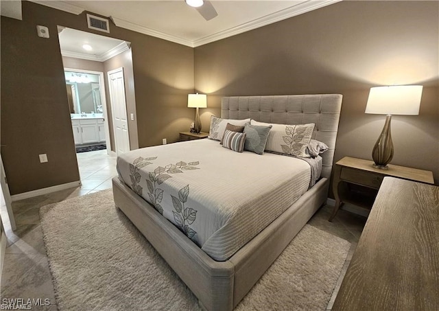 tiled bedroom featuring ornamental molding, ensuite bath, and ceiling fan