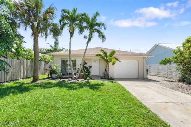 single story home with a front yard and a garage