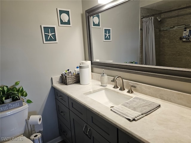 bathroom featuring vanity, toilet, and curtained shower