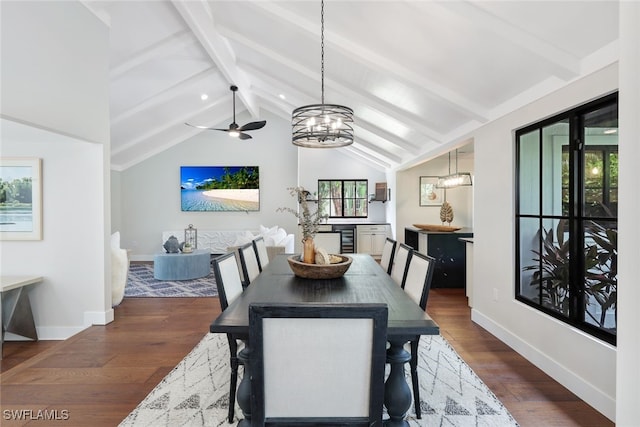 dining area with a wealth of natural light, ceiling fan, and dark hardwood / wood-style flooring