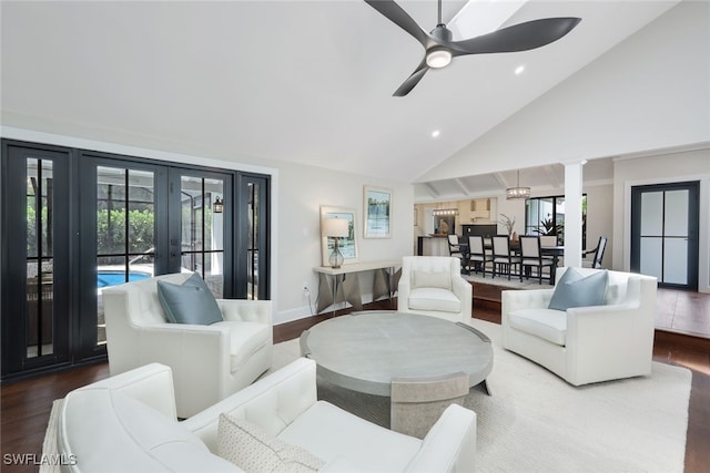 living room featuring high vaulted ceiling, ceiling fan, french doors, and hardwood / wood-style flooring