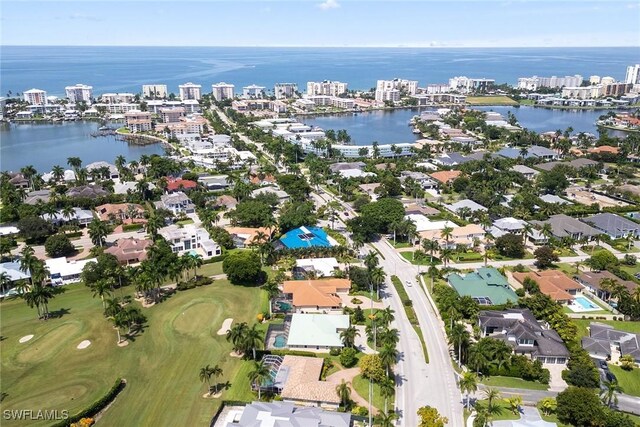 drone / aerial view with a water view