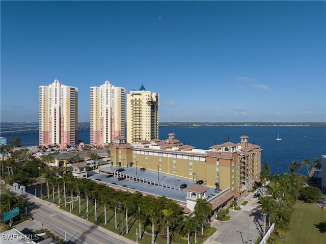 aerial view featuring a water view