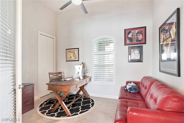 office area featuring ceiling fan and light tile patterned flooring