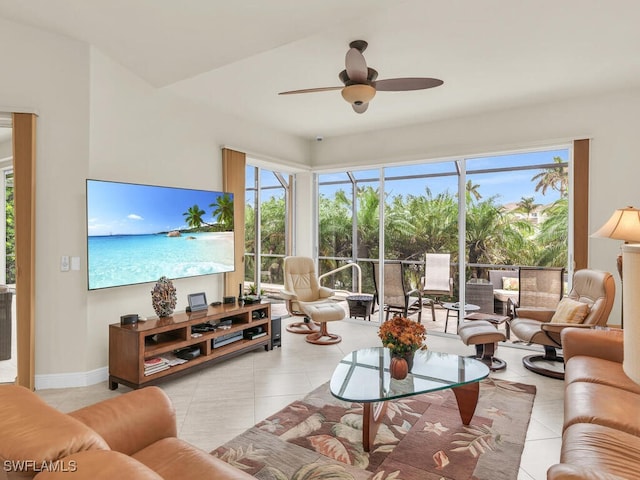 living room with light tile patterned flooring and ceiling fan