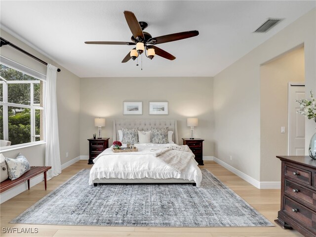 bedroom with ceiling fan and light hardwood / wood-style floors