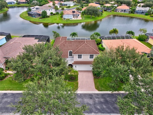 drone / aerial view featuring a water view