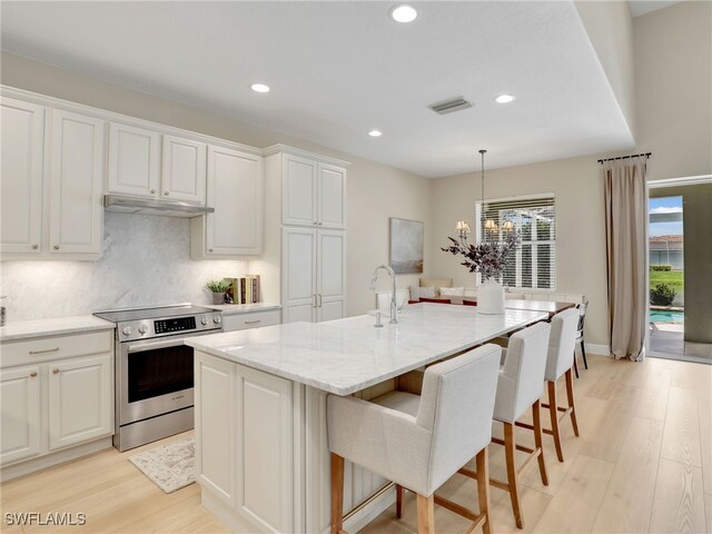 kitchen featuring light wood-type flooring, electric stove, an island with sink, and decorative light fixtures