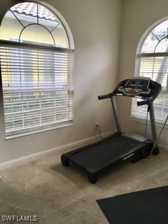 exercise room with carpet flooring