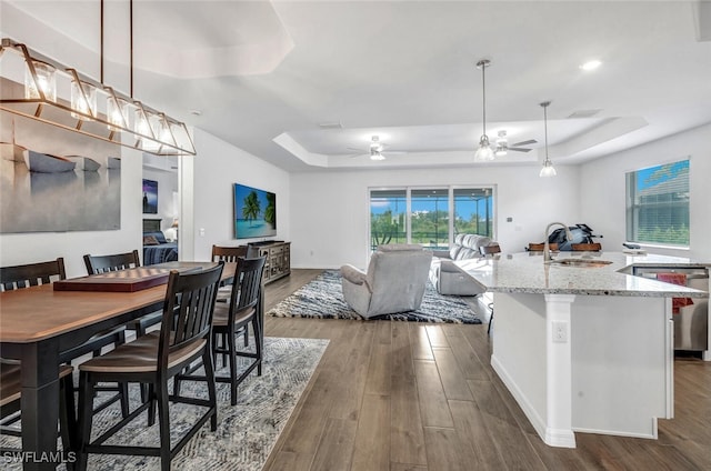 dining space with ceiling fan, a raised ceiling, hardwood / wood-style flooring, and sink