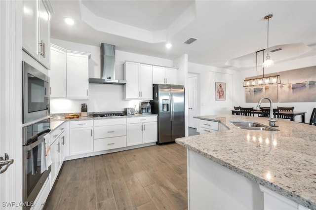 kitchen with white cabinets, sink, wall chimney exhaust hood, stainless steel appliances, and a tray ceiling