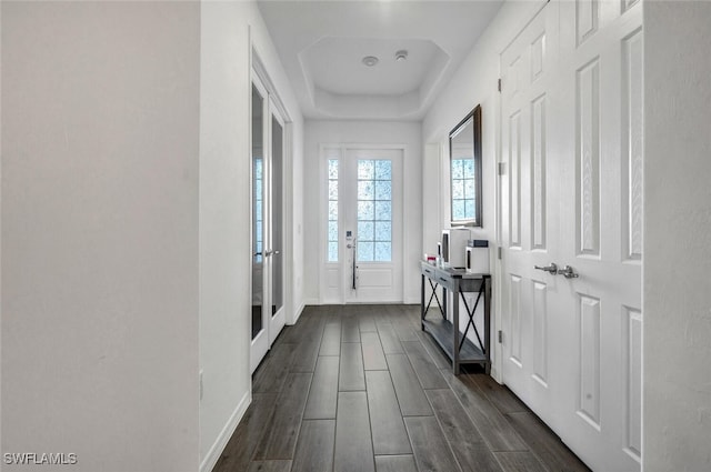 interior space featuring a raised ceiling and dark hardwood / wood-style flooring