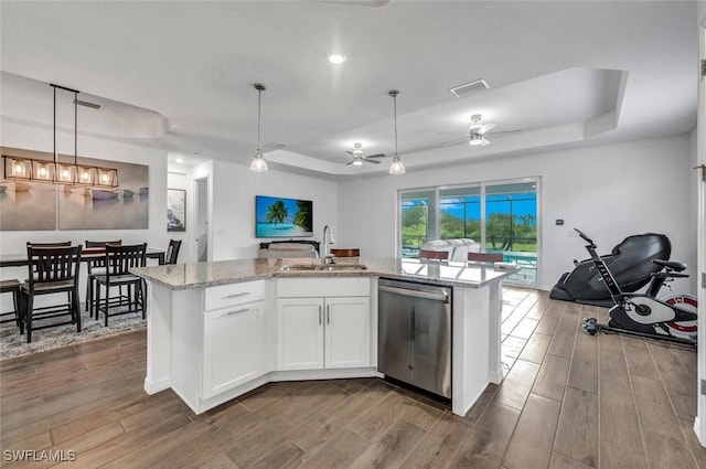 kitchen with dishwasher, a tray ceiling, a sink, open floor plan, and recessed lighting