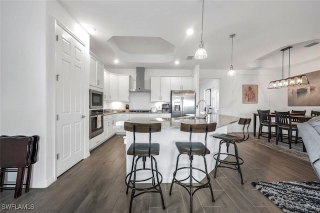 kitchen featuring appliances with stainless steel finishes, a raised ceiling, wall chimney exhaust hood, a sink, and dark wood-style flooring
