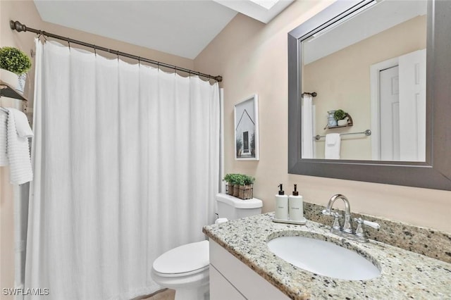 bathroom featuring a skylight, vanity, and toilet