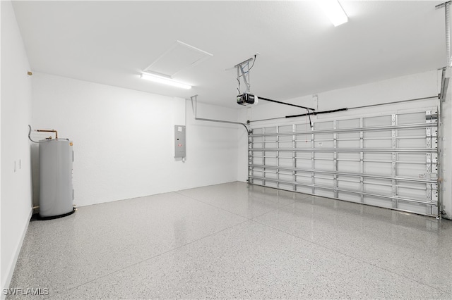 garage with a garage door opener, water heater, and electric panel