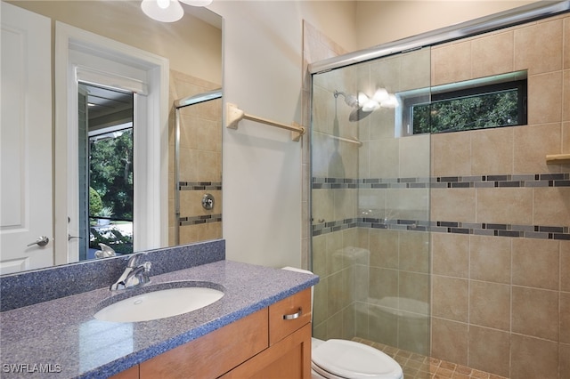 bathroom with vanity, toilet, and a shower with door