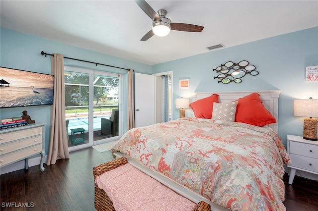 bedroom featuring ceiling fan, dark hardwood / wood-style flooring, and access to outside