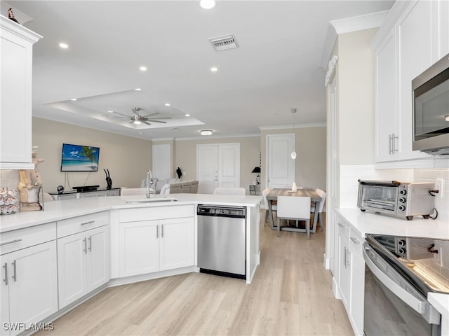 kitchen with appliances with stainless steel finishes, white cabinets, a raised ceiling, ceiling fan, and sink